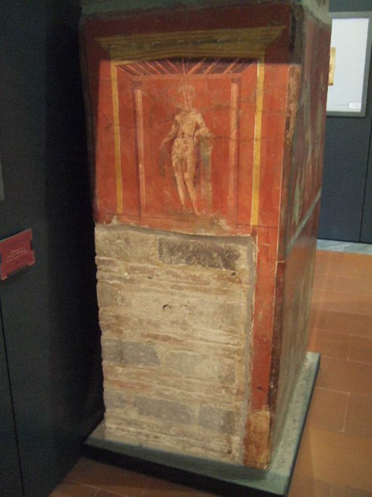 Left hand side of pillar with fullonica scenes, found in the Fullonica at VI.8.20. Painted aedicula with painting of naked female figure, with crown. Her left elbow is leaning on a pillar and her right hand holds a corner of the fabric that hangs over her back. According to Helbig this is possibly Venus. Jashemski suggest that she is a water nymph typical of those found in later excavations. Now in Naples Archaeological Museum. Inventory number 9974.
See Helbig, W., 1868. Wandgemälde der vom Vesuv verschütteten Städte Campaniens. Leipzig: Breitkopf und Härtel. (1502). See Jashemski, W. F., 1993. The Gardens of Pompeii, Volume II: Appendices. New York: Caratzas. (p.134-5).
