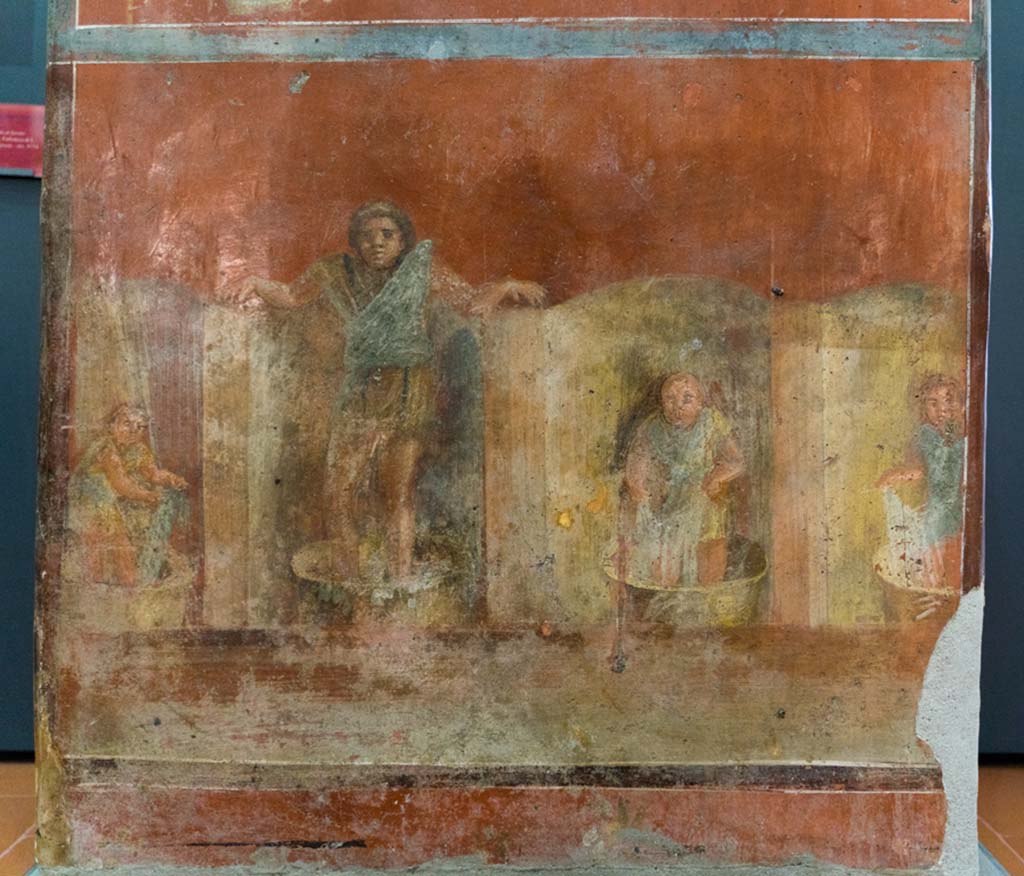 VI.8.20 Pompeii. July 2021.
Detail from pillar found in the Fullonica at VI.8.20. Fullers at work in the treading vats. Photo courtesy of Johannes Eber.
Now in Naples Archaeological Museum. Inventory number 9974.