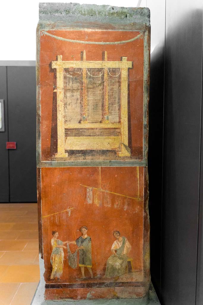 VI.8.20 Pompeii. July 2021.
Pillar found in the Fullonica, showing Fullers at work in the treading vats. Photo courtesy of Johannes Eber.
Now in Naples Archaeological Museum. Inventory number 9974.