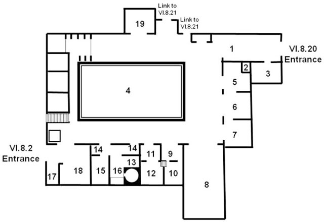 VI.8.20 plan VI.8.20 Pompeii. The Fullonica. House and Officina Fullonica of L. Veranius Hypsaeus
Room Plan