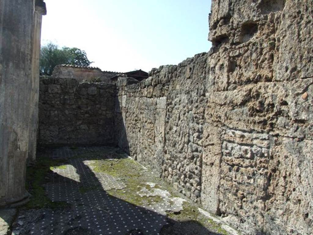 VI.8.21. Pompeii. March 2009. Atrium. North side looking west into area of exedra. The bricked in columns on south side formed a wall of the exedra.