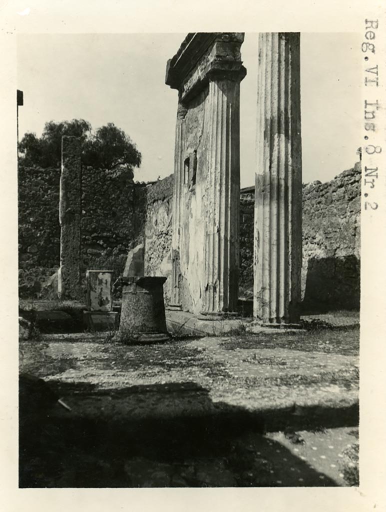 VI.8.21 Pompeii but shown as VI.8.2 on photo. Pre-1937-39.
Looking west across impluvium in atrium, with puteal in place.
Photo courtesy of American Academy in Rome, Photographic Archive. Warsher collection no. 1414.