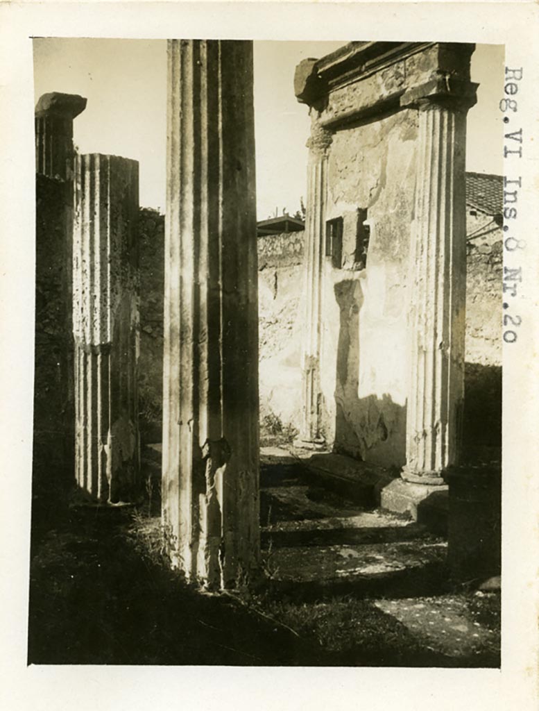 VI.8.21 Pompeii but shown as VI.8.20 on photo. Pre-1937-39. Looking north-west across impluvium in atrium.
Photo courtesy of American Academy in Rome, Photographic Archive. Warsher collection no. 1414a.