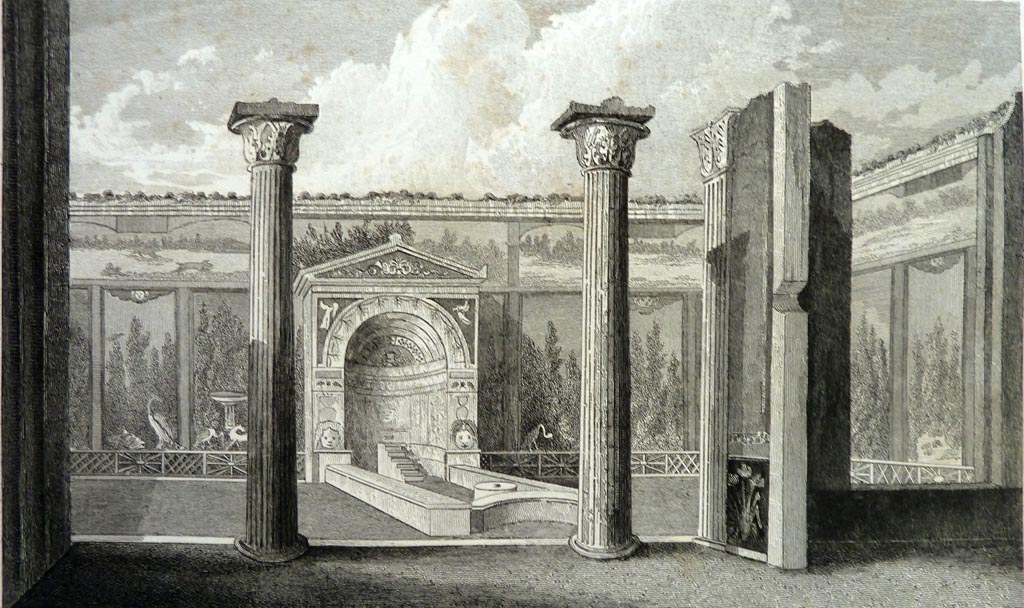 VI.8.22 Pompeii. Pre 1836. Drawing by Gell of Room 11, garden area and portico with doorway to triclinium on right.
Gell wrote –
“This plate exhibits the garden, pseudo-garden or painted wall, and part of the inner portico of a dwelling which, on account of the fountain here also represented, caused a greater sensation at Naples than any previous discovery had created. The house was found in the month of June 1830, and the excavation terminated in October. The arch or alcove of the fountain is on the spot termed the grotto, and that is the name by which at the moment it may be found.
The high wall was, at the time of excavation, perfect, and this drawing is probably now the only record of its existence, the author having been fortunate enough to copy it before the painting fell. Had it gone no higher than the front row of panels of alternate yellow and blue, the effect would have been very pleasing, but the upper line of pictures, one of which seemed to have represented a boar hunt, destroyed the illusion. In the panels were several birds, painted with great spirit, some of which were killing reptiles, and a curious collection of garden rails of several forms, which are here represented……. Etc.”
See Gell, W and Gandy, J., 1880. Pompeii, its destruction and re-discovery. New York: Worthington.