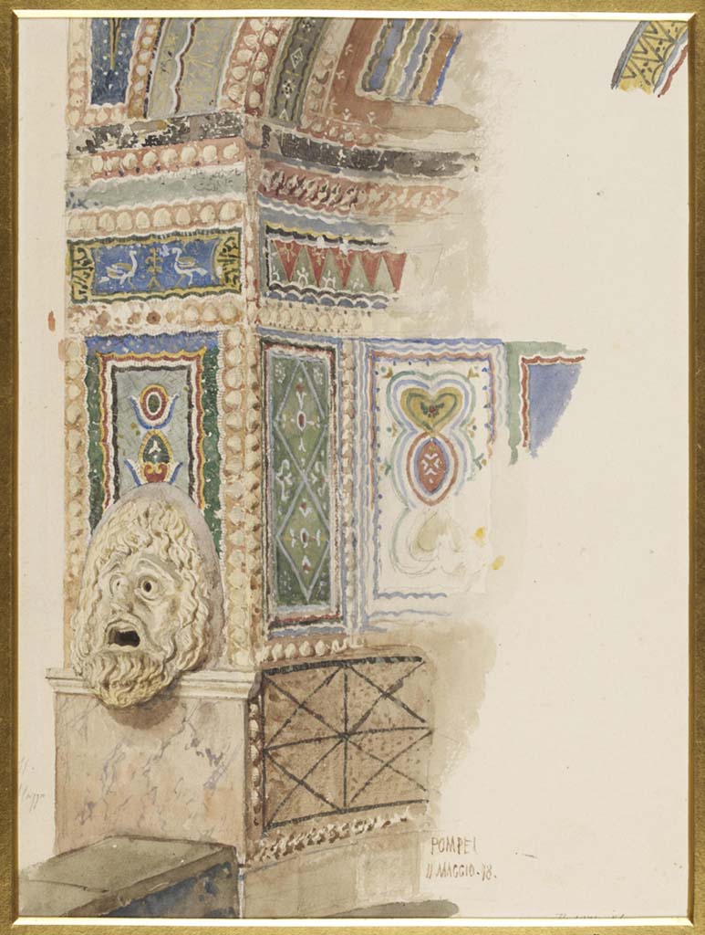 VI.8.22 Pompeii. 11th May 1878. Watercolour by Luigi Bazzani of hollow marble mask on south side of fountain.
Photo © Victoria and Albert Museum. Inventory number 1071-1886.