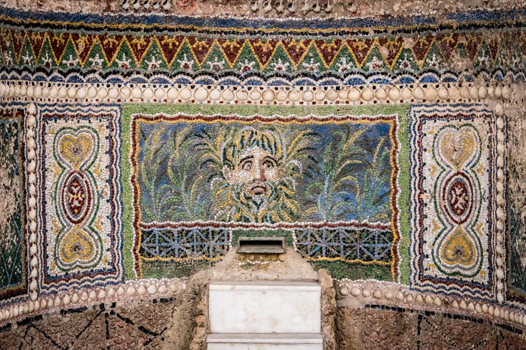 VI.8.22 Pompeii. January 2019.
Detail from centre panel of a mask of a river god surrounded by plants. Photo courtesy of Johannes Eber.