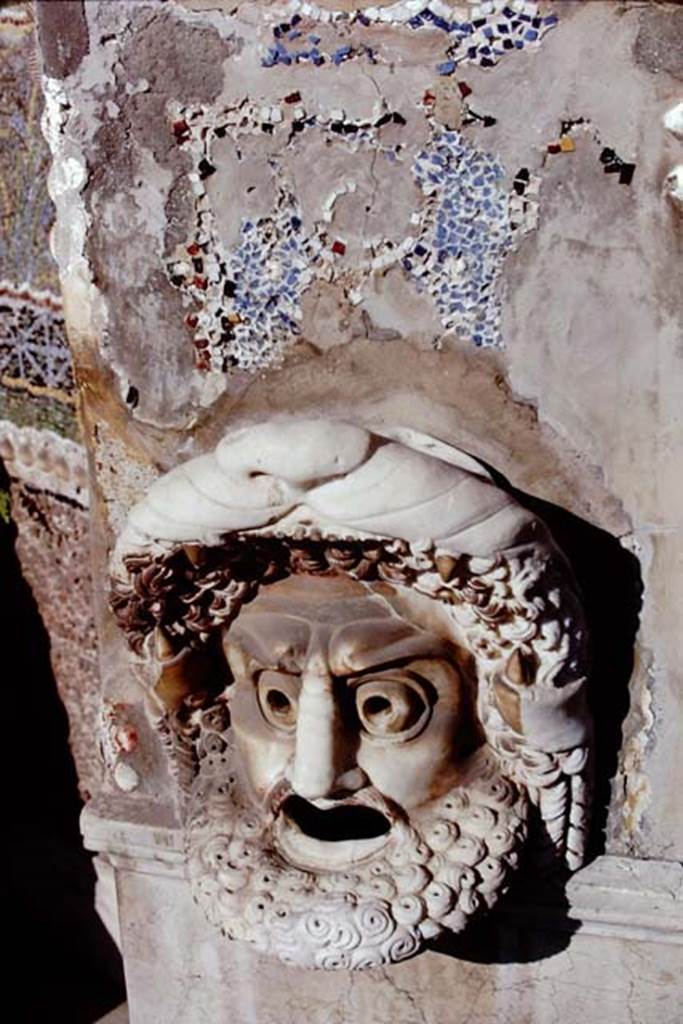 VI.8.22 Pompeii. 1968. Hollow marble mask of bearded male figure on north side of fountain.
Photo by Stanley A. Jashemski.
Source: The Wilhelmina and Stanley A. Jashemski archive in the University of Maryland Library, Special Collections (See collection page) and made available under the Creative Commons Attribution-Non Commercial License v.4. See Licence and use details.
J68f1247