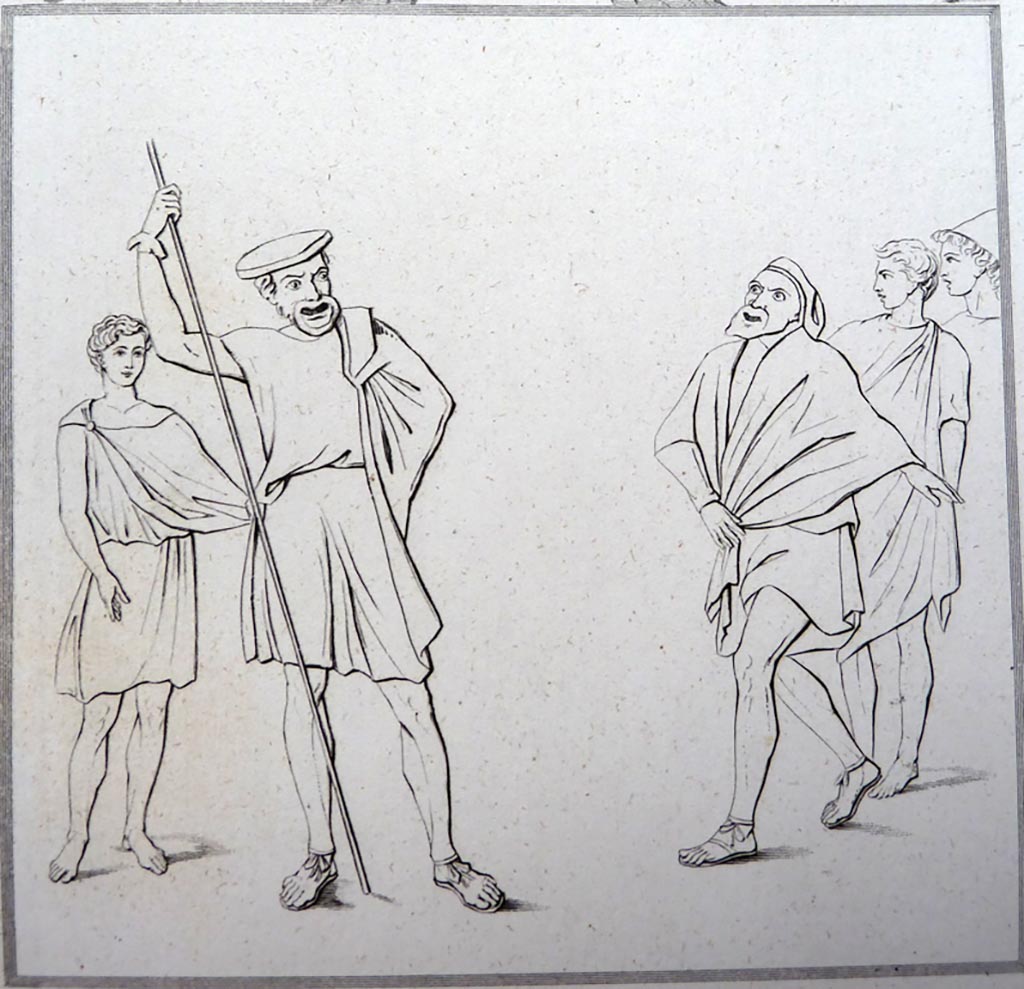 VI.8.22 Pompeii. Pre 1836. Drawing by Gell called “Comic sketch.
He wrote –
“This probably represents a scene in some well known and popular comedy, though there seems nothing so characteristic as to enable us, at this distance of time, to point out exactly to what it alludes. The principal actor in the mask would seem to be what the Italians now call a buffo. This is in the House of the Fountain of Shells.”
See Gell, W and Gandy, J., 1880. Pompeii, its destruction and re-discovery. New York: Worthington.