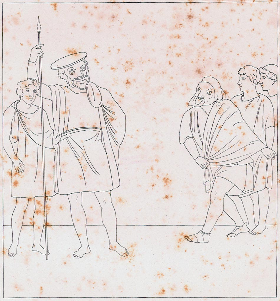 VI.8.22 Pompeii. Drawing by Zahn of “Comedy scene”, similar to the Gell one above.
See Zahn W. Neu entdeckte Wandgemälde in Pompeji gezeichnet von W. Zahn [ca. 1828], taf. XXXI.
