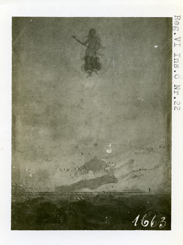 VI.8.23 Pompeii but shown as VI.8.22 on photo. Pre-1937-39.
Painted flying figure from centre of east wall of north ala.
Photo courtesy of American Academy in Rome, Photographic Archive. Warsher collection no. 1663.
