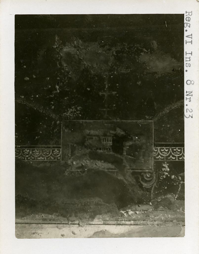 VI.8.23 Pompeii. Pre-1937-39.
Painting of villas in a landscape from centre of zoccolo on east wall of the north ala.
Photo courtesy of American Academy in Rome, Photographic Archive. Warsher collection no. 1662.