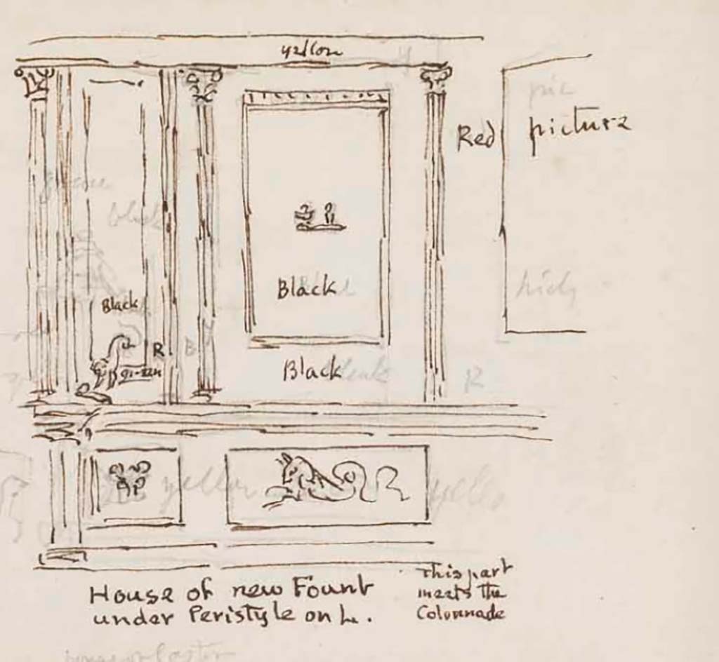 VI.8.23 Pompeii. c.1830. According to Gell, -
this drawing should be the south wall in the south-east corner of the peristyle, which would be the wall on the south side of the corridor leading to and from the atrium.
See Gell, W. Sketchbook of Pompeii, c.1830.
See book from Van Der Poel Campanian Collection on Getty website http://hdl.handle.net/10020/2002m16b425