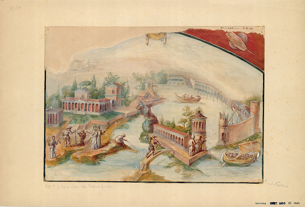 VI.8.23 Pompeii. 1888 watercolour copy of painted south wall to side of fountain.
DAIR 83.79. Photo © Deutsches Archäologisches Institut, Abteilung Rom, Arkiv.
See http://arachne.uni-koeln.de/item/marbilder/5022253