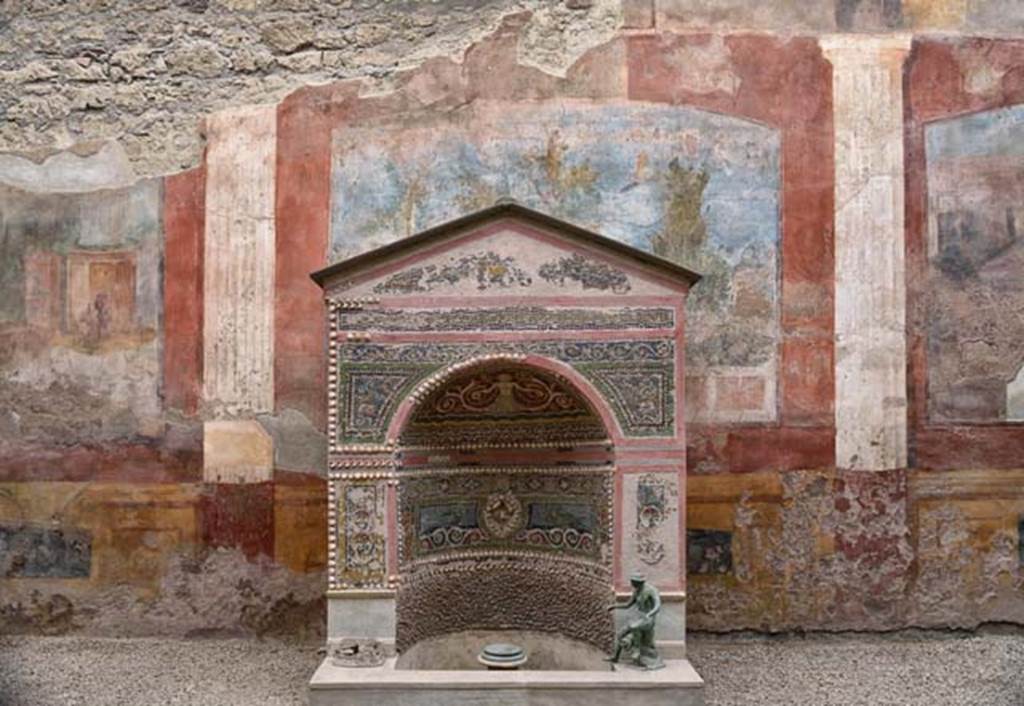 VI.8.23 Pompeii. April 2018. Looking towards west wall of garden area, with shell and mosaic fountain. Photo courtesy of Ian Lycett-King. Use is subject to Creative Commons Attribution-NonCommercial License v.4 International.