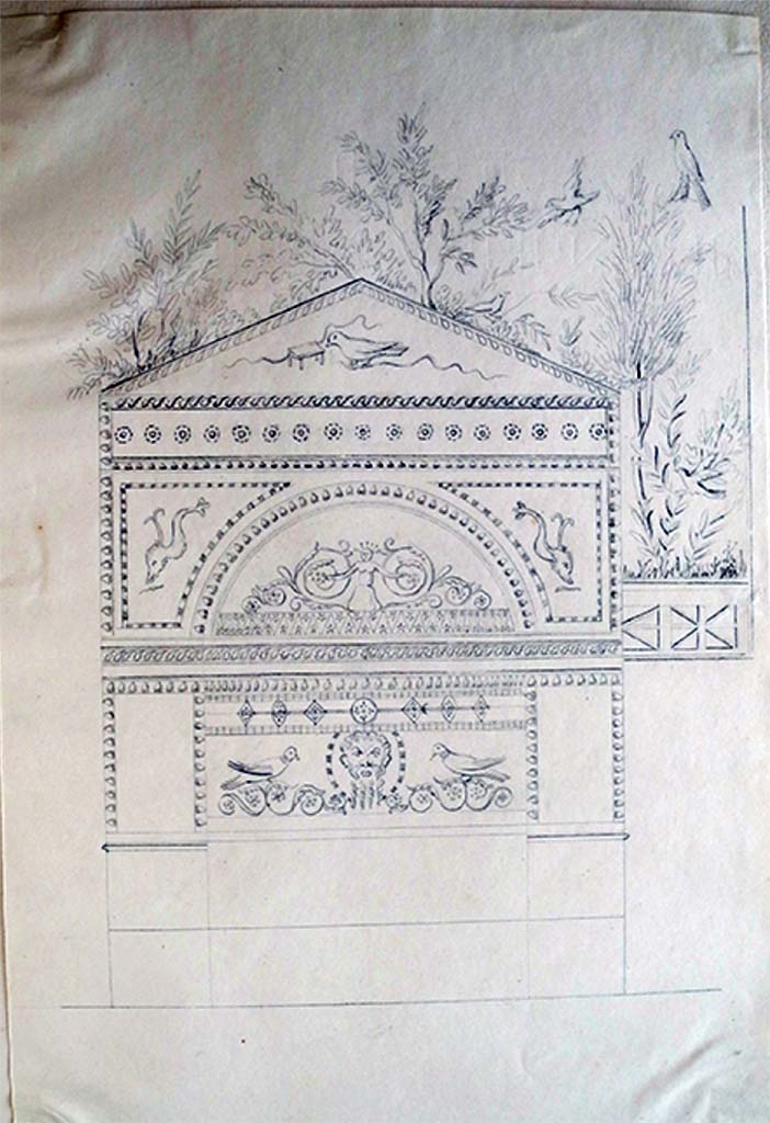 VI.8.23 Pompeii. c.1832. Drawing by Edmond Chambert showing upper part of fountain and painting above, on west wall.
See Chambert, E., 1832. Dessins de Pompeia. (p.16).