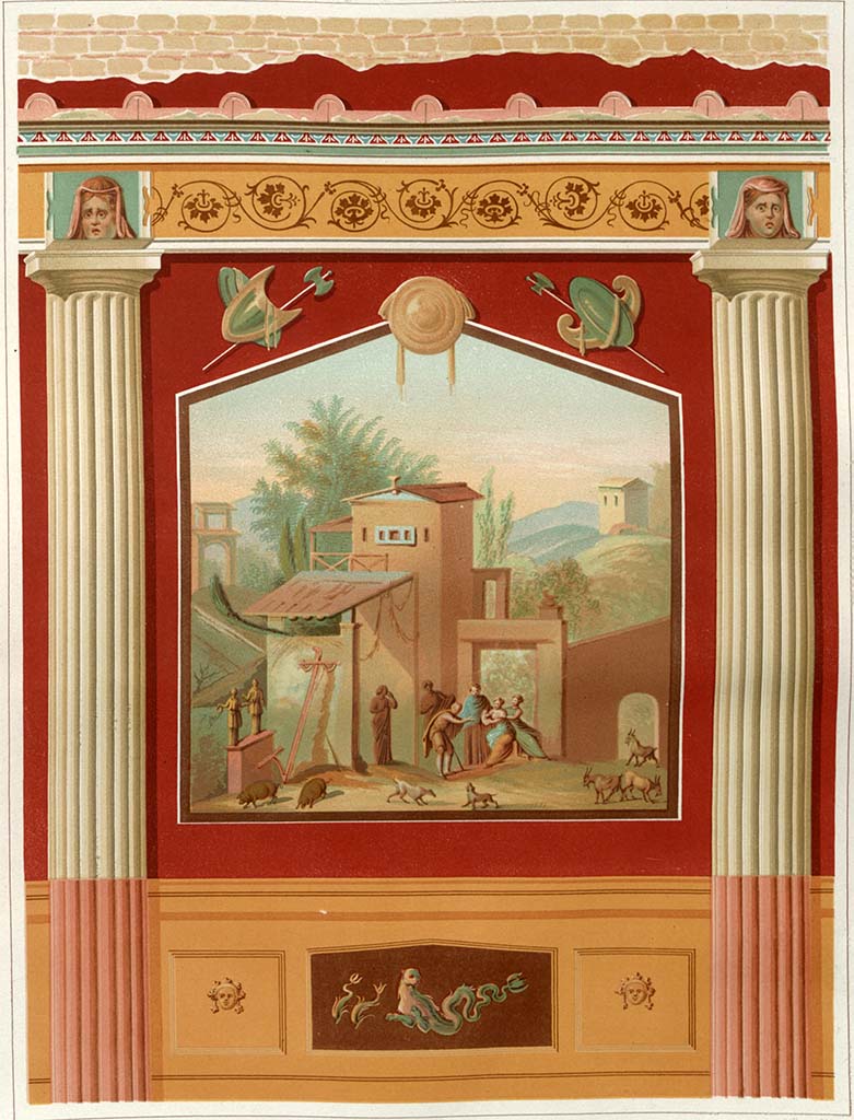 VI.8.23 Pompeii. Painting from west wall, on north side of fountain, in wall setting.
See Niccolini F, 1854. Le case ed i monumenti di Pompei: Volume Primo. Napoli. p.2, Tav. IV.