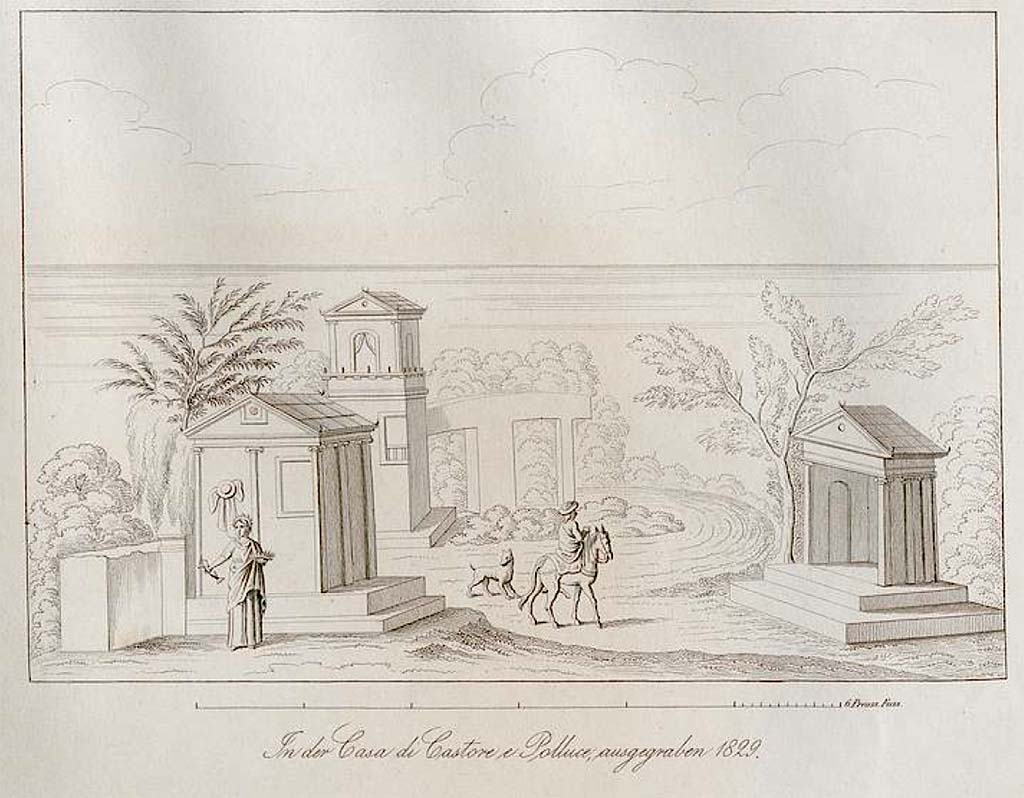 VI.8.23 Pompeii. Pre-October 1852. Drawing by Zahn, of painted sacred landscape from upper west wall of north portico of garden area.
Zahn described it as – “many small temples, a priestess and a man on horseback.
The walls of the first temple are yellow, the columns and architrave are white. The tympanum of the pediment is green and the roof red.
In the house, placed behind, the ground floor is red, the frieze is blue, the floor above is green and the tympanum of the pediment is blue, the columns and cornices are white.
The walls of the temple on the right are red, the columns white, the frieze and the tympanum of the pediment are blue; the roof is a brownish/red.
See Zahn, W., 1852. Die schönsten Ornamente und merkwürdigsten Gemälde aus Pompeji, Herkulanum und Stabiae: III. Berlin: Reimer, (Pl.48).
According to Zahn, this was from VI.9.6, but we were unable to find it there.
