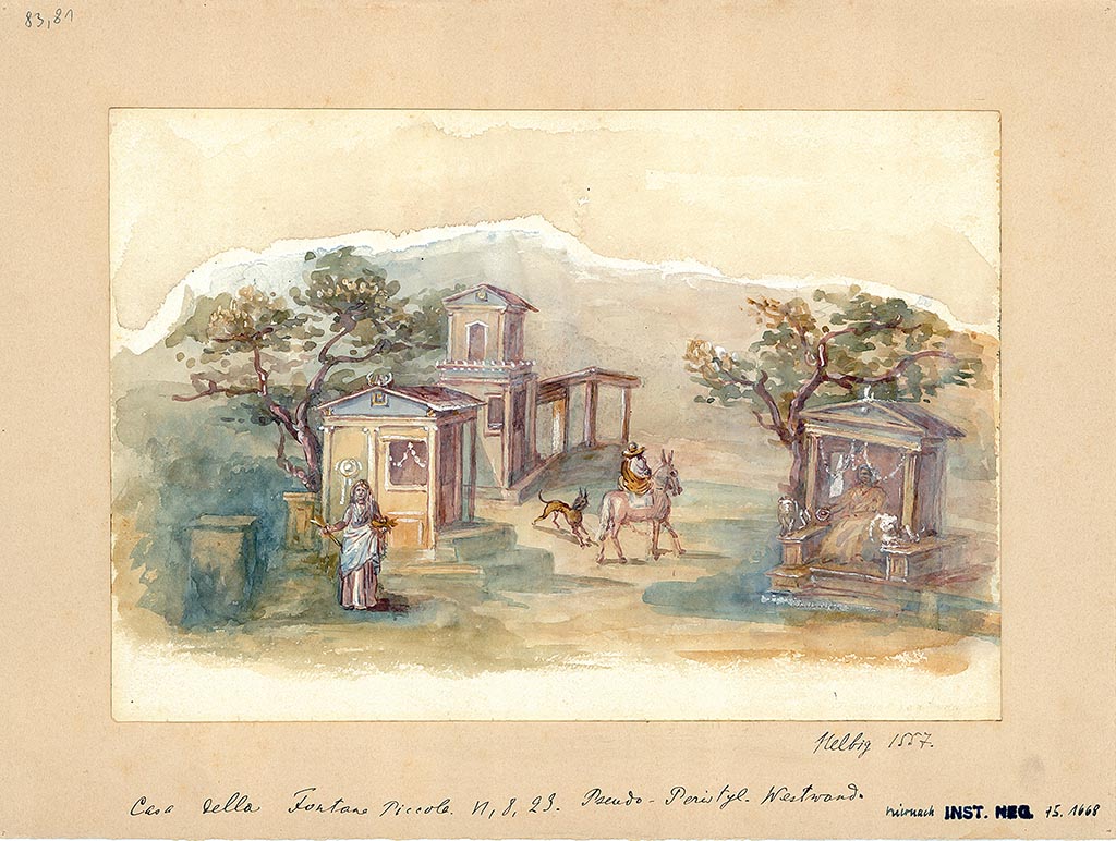 VI.8.23 Pompeii. 19th century watercolour of landscape painting from west wall of north portico of pseudo-peristyle.
DAIR 83.81. Photo © Deutsches Archäologisches Institut, Abteilung Rom, Arkiv.
See http://arachne.uni-koeln.de/item/marbilder/5022255