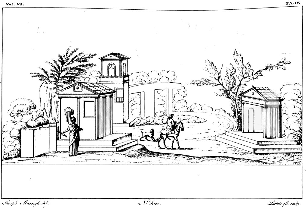 VI.8.23 Pompeii. Pre-1830. Landscape drawing of painting from west wall of north portico of pseudo-peristyle.
See Real Museo Borbonico,1830, Vol. VI, tav. IV.