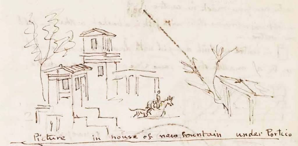 VI.8.23 Pompeii. c.1830. Drawing by Gell from his sketchbook depicting the landscape painting from west wall of north portico of pseudo-peristyle.
See Gell, W. Sketchbook of Pompeii, c.1830.
See book from Van Der Poel Campanian Collection on Getty website http://hdl.handle.net/10020/2002m16b425