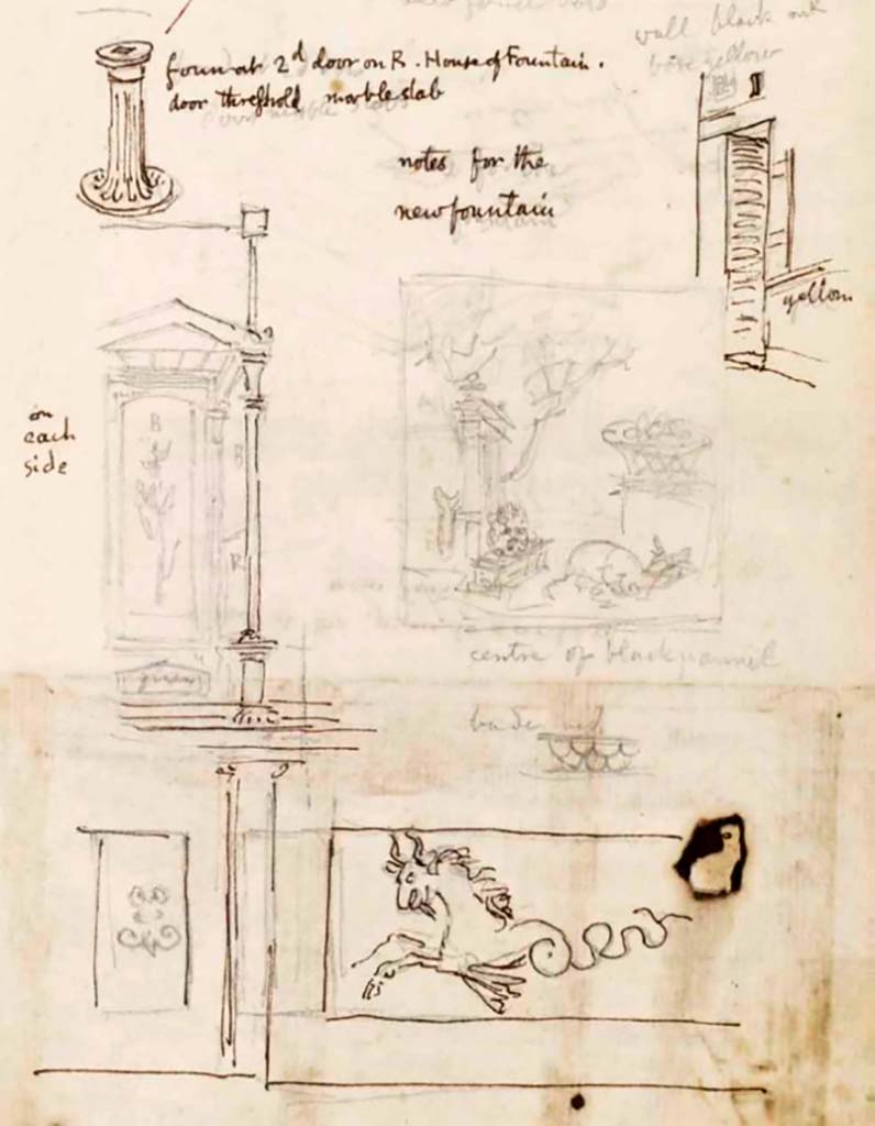 VI.8.23 Pompeii. c.1830. Drawing by Gell, written in pencil under the pencil drawing –
“Centre of the black panel”, and underneath “border red”.
Possibly this drawing is of the panel at the north end of garden, on west wall in north portico.
See Gell, W. Sketchbook of Pompeii, c.1830.
See book from Van Der Poel Campanian Collection on Getty website http://hdl.handle.net/10020/2002m16b425