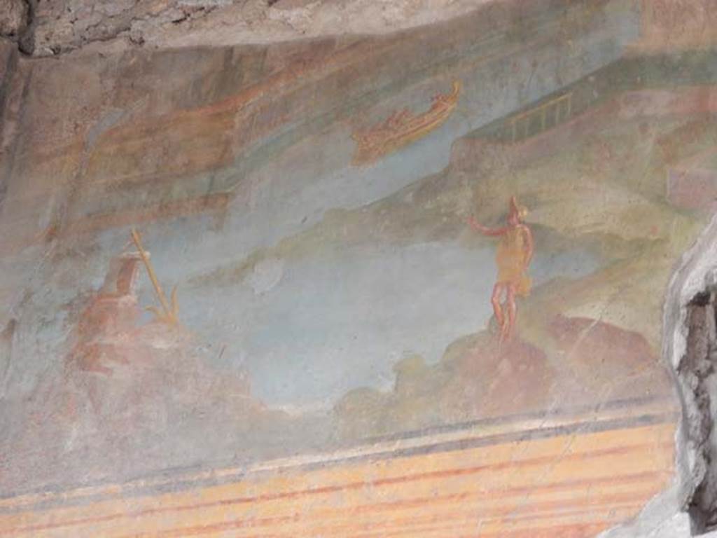 VI.8.23 Pompeii. May 2017. Detail from west side of river landscape on upper north wall of portico.
A boat with several persons aboard is seen on a river flanked by porticoes.
In the lower left is an anchor leaning against a rock, on the right is a fisherman.
Photo courtesy of Buzz Ferebee.