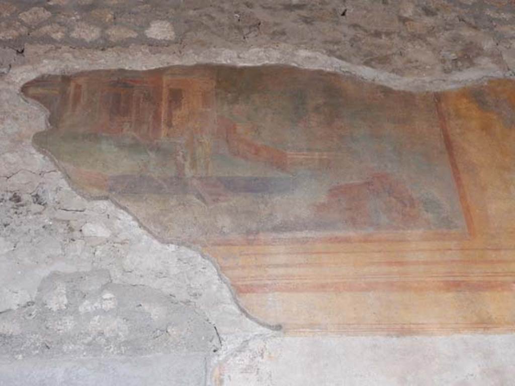 VI.8.23 Pompeii. May 2017. East end of river landscape above doorway on upper north wall of portico. Photo courtesy of Buzz Ferebee.