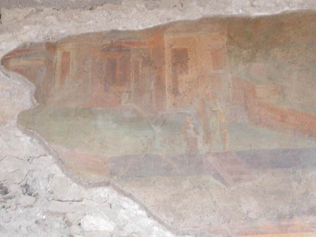 VI.8.23 Pompeii. May 2017. Detail from east end of river landscape, in front of several buildings and temples, above a stairway there is a woman with a long robe, probably a priestess, with a small attendant. Photo courtesy of Buzz Ferebee.