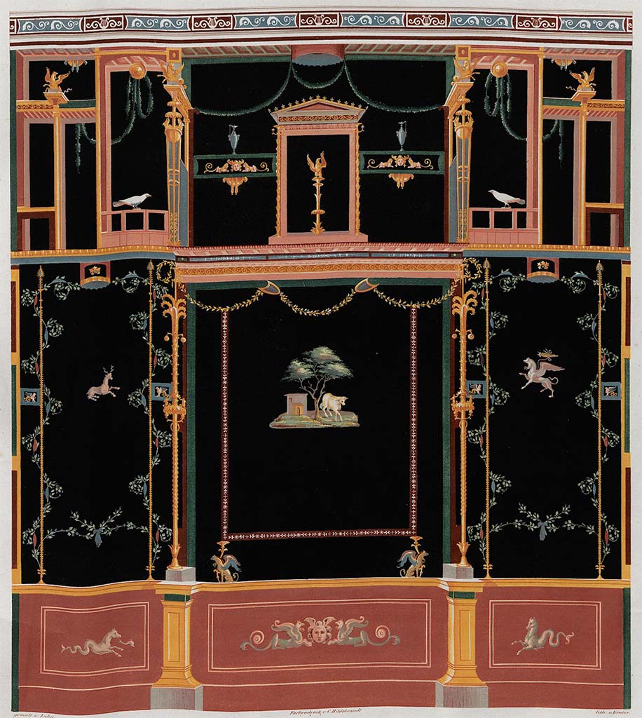 VI.8.23 Pompeii. Drawing of north wall of garden room, the room with doorway in north-west corner of pseudo-peristyle.
See Zahn, W., 1842. Die schönsten Ornamente und merkwürdigsten Gemälde aus Pompeji, Herkulanum und Stabiae: II. Berlin: Reimer. (Tav. 14).