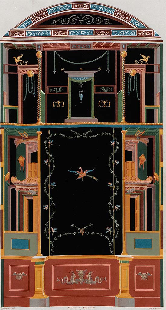 VI.8.23 Pompeii.
Drawing of east wall of garden room, the room with doorway in north-west corner of pseudo-peristyle.
See Zahn, W., 1842. Die schönsten Ornamente und merkwürdigsten Gemälde aus Pompeji, Herkulanum und Stabiae: II. Berlin: Reimer. (Tav. 15).
