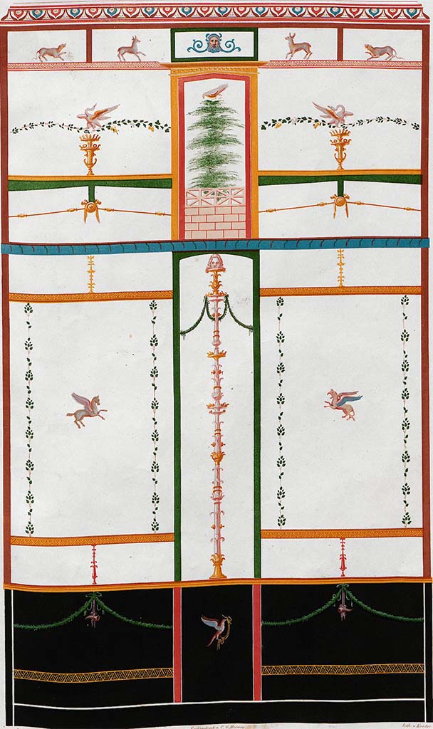 VI.8.24 Pompeii. 1842 painting of north wall in cubiculum on south side of entrance corridor.
See Zahn, W., 1842. Die schönsten Ornamente und merkwürdigsten Gemälde aus Pompeji, Herkulanum und Stabiae: II. Berlin: Reimer. (tav.5)