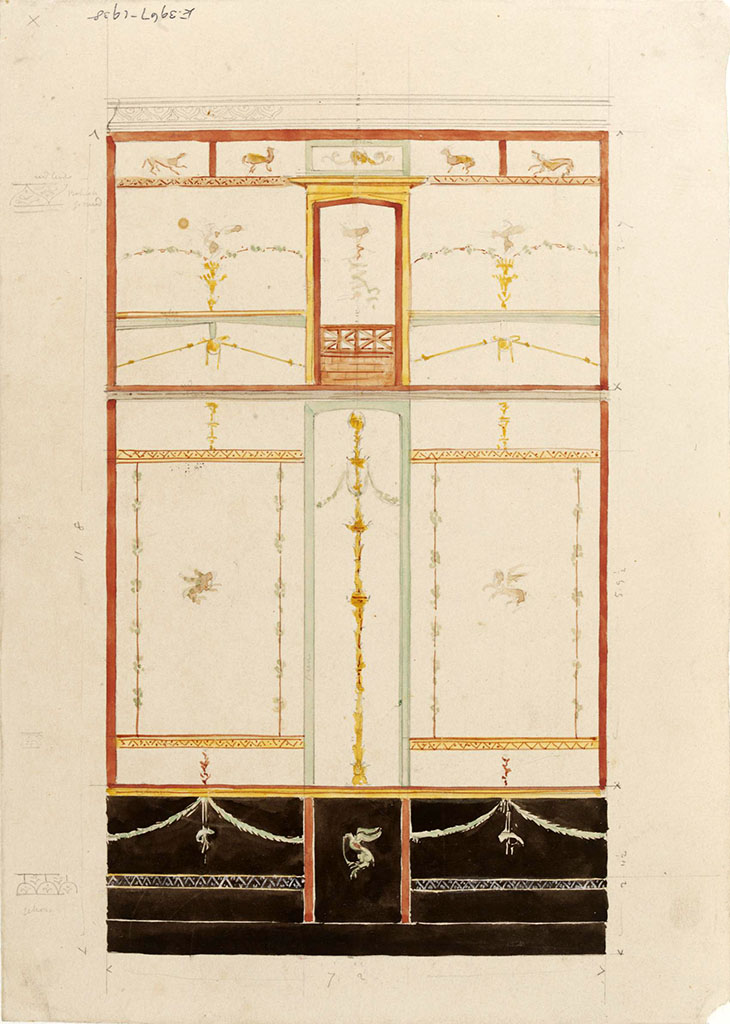 VI.8.24 Pompeii. c.1840.
Painting by James William Wild (1814-1892) of north wall in cubiculum on south side of entrance corridor.
Photo © Victoria and Albert Museum, inventory number E.3967-1938.