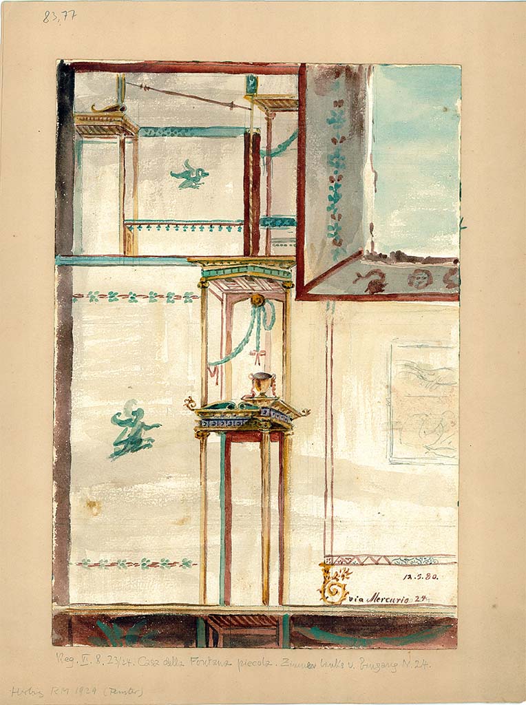 VI.8.24 Pompeii. May 1880. Watercolour of east wall in north-east corner.
DAIR 83.77. Photo © Deutsches Archäologisches Institut, Abteilung Rom, Arkiv.