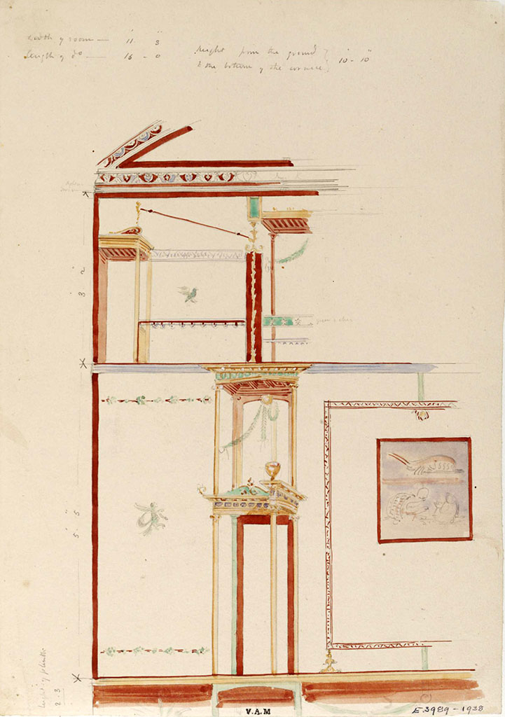 VI.8.24 Pompeii. c.1840. Detail of north side of east wall of triclinium in south-east corner of atrium.
Painting by James William Wild (1814-1892).
Photo © Victoria and Albert Museum, inventory number E.3989-1938.