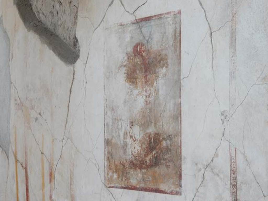 VI.8.24 Pompeii. May 2017. Central painting from west wall of triclinium. Photo courtesy of Buzz Ferebee. The severely damaged central still life painting from the west wall showed a rooster with its legs tied, in front of a bowl of fruit and a bunch of grapes.