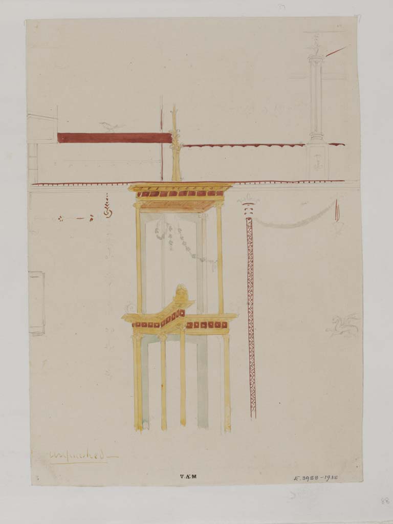 VI.8.24 Pompeii. c.1840. Triclinium in south-east corner of atrium.
Unfinished painting by James William Wild (1814-1892). Detail from east side of central painting on north wall of triclinium.
Photo © Victoria and Albert Museum, inventory number E.3988-1938.