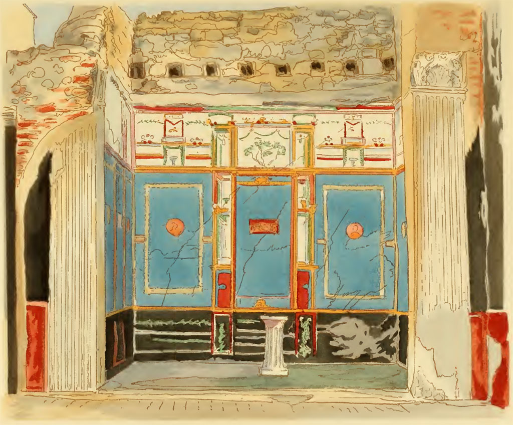 VI.8.24 Pompeii. Undated painting by Pierre Gusman. Looking towards tablinum on west side of atrium.
(V. Tablinum de la maison de la Petite Fontaine (Région VI, 23, 24). Fin du troisième style.)
See Gusman P., 1924. La Décoration Murale de Pompei. Paris : Morancé, pl. V.