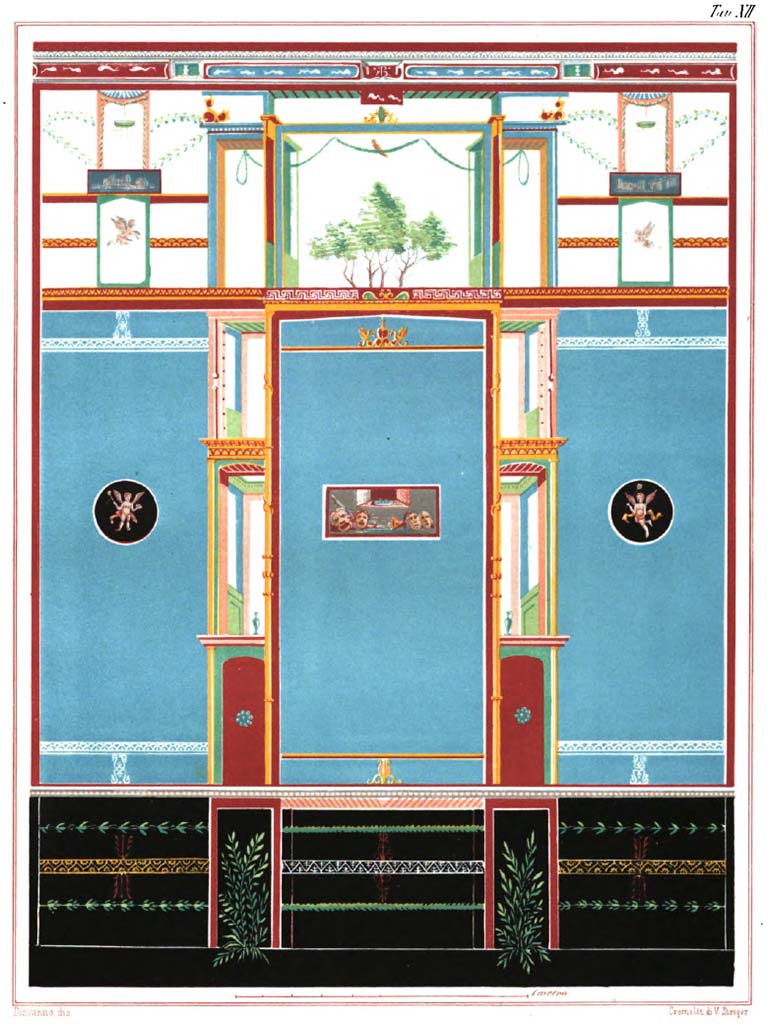 VI.8.24 Pompeii. Chromolithograph by Vittorio Steeger from a design by G. Discanno, of one of the two side walls of the tablinum, possibly the north wall.
The painting in the middle represents some tragic masks beneath a window, with flying cupids in medallions on either side.
See Presuhn, E and Steeger, V. Le piu belle pareti di Pompei, (III, Tav. II).
See Helbig, W., 1868. Wandgemälde der vom Vesuv verschütteten Städte Campaniens. Leipzig: Breitkopf und Härtel, 1745.