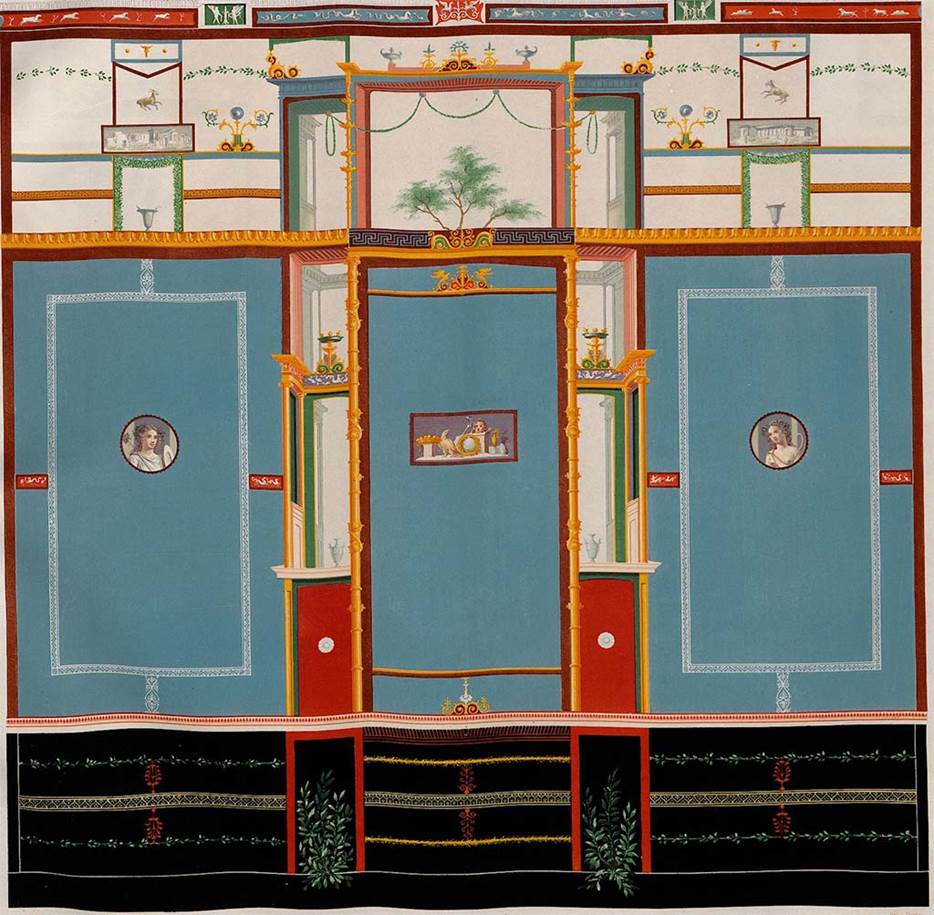 VI.8.24 Pompeii. Painting of wall decorations from west wall of tablinum.
According to Bragantini, in the central panel were the attributes of Zeus.
See Bragantini, de Vos, Badoni, 1983. Pitture e Pavimenti di Pompei, Parte 2. Rome: ICCD. (p.181)
See Zahn, W., 1842. Die schönsten Ornamente und merkwürdigsten Gemälde aus Pompeji, Herkulanum und Stabiae: II. Berlin: Reimer. (tav.95)