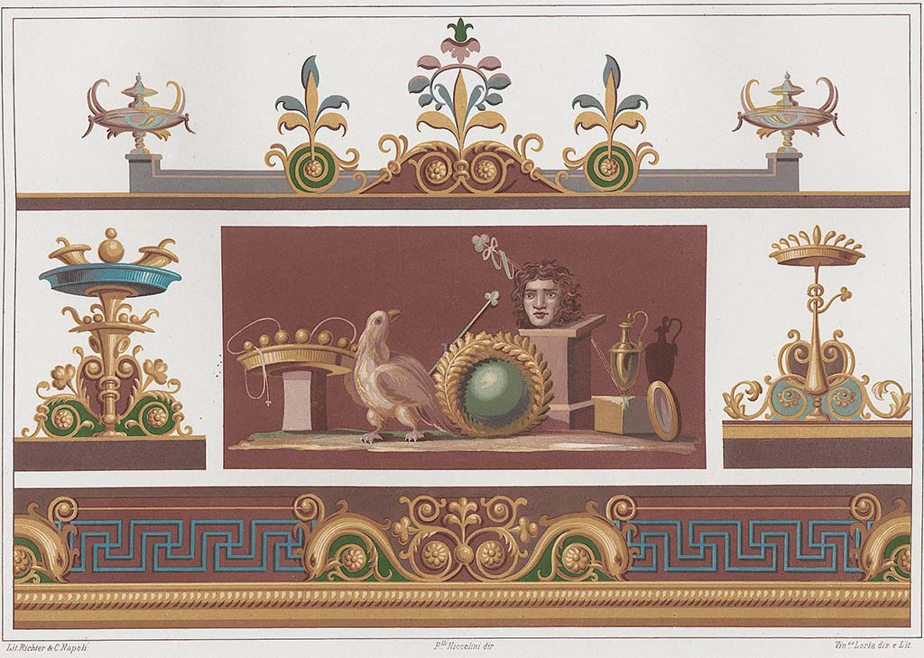 VI.8.24 Pompeii. Painting by Niccolini showing various details.
According to Niccolini –
“Wall painting. There are few paintings of the upper walls found in Pompeii, since almost all are fallen.
This is the third that we publish, which is much richer, and in the whole similar to the others.
The site where this was found is uncertain……………………”
See Niccolini, F., 1862. Le Case ed i Monumenti di Pompei: Book 2, (Tav. LI).