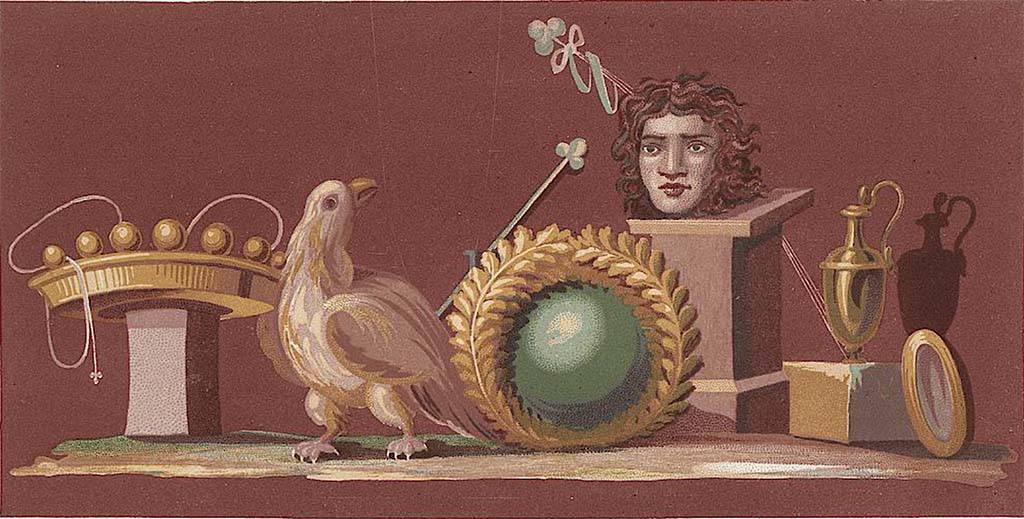 VI.8.24 Pompeii. Painted panel from west wall of tablinum, with the attributes of Zeus.
See Niccolini F, 1862. Le case ed i monumenti di Pompei: Volume Secondo. Napoli. (tav. LI)