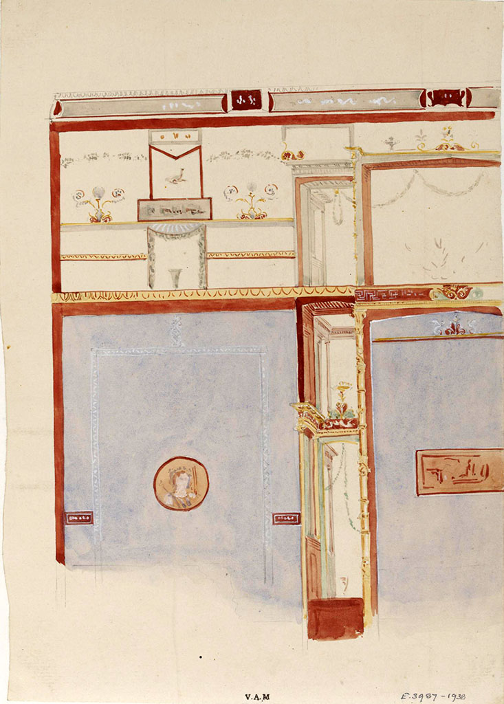 VI.8.24 Pompeii. c.1840. Painting of south side of centre of west wall of tablinum.
Painting by James William Wild (1814-1892).
Photo © Victoria and Albert Museum, inventory number E.3987-1938.