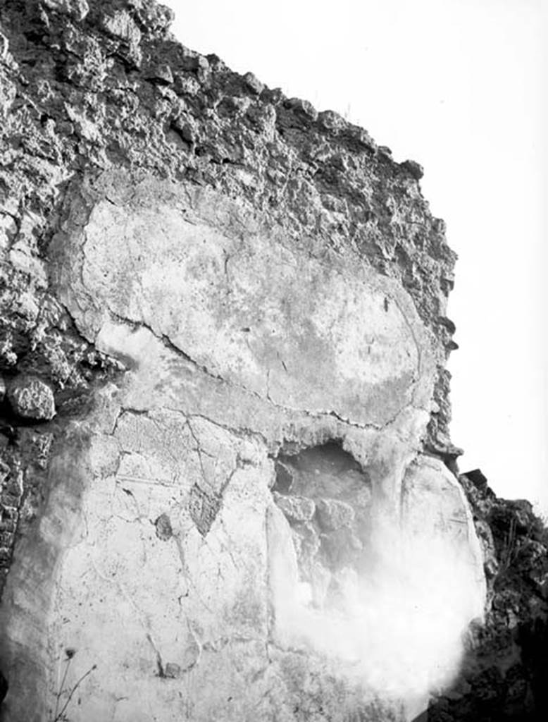 231762 Bestand-D-DAI-ROM-W.643.jpg
6.9.1 Pompeii. W643. Remains of decorated wall plaster.
Photo by Tatiana Warscher. With kind permission of DAI Rome, whose copyright it remains.
See http://arachne.uni-koeln.de/item/marbilderbestand/231762
According to Warscher, this photograph showed the south wall of room “G” (our room 21) with traces of a cut painting. She wrote, “in the room “G” the south wall showed clear traces of a cut painting – the hole measured 0,55m + 0,40m. I have not found any information on this painting, but I am in no doubt that it was there”.
See Warscher, T, 1938: Codex Topographicus Pompejanus, Regio VI, insula 9: Pars prima, (no. 24), DAIR, Rome.