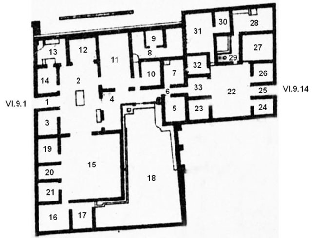 VI.9.1/14 Pompeii. Casa del Duca di Aumale or Casa d’Iside ed Io
or Hospitium Gabinianus or of Gabinius.
Combined Room Plan