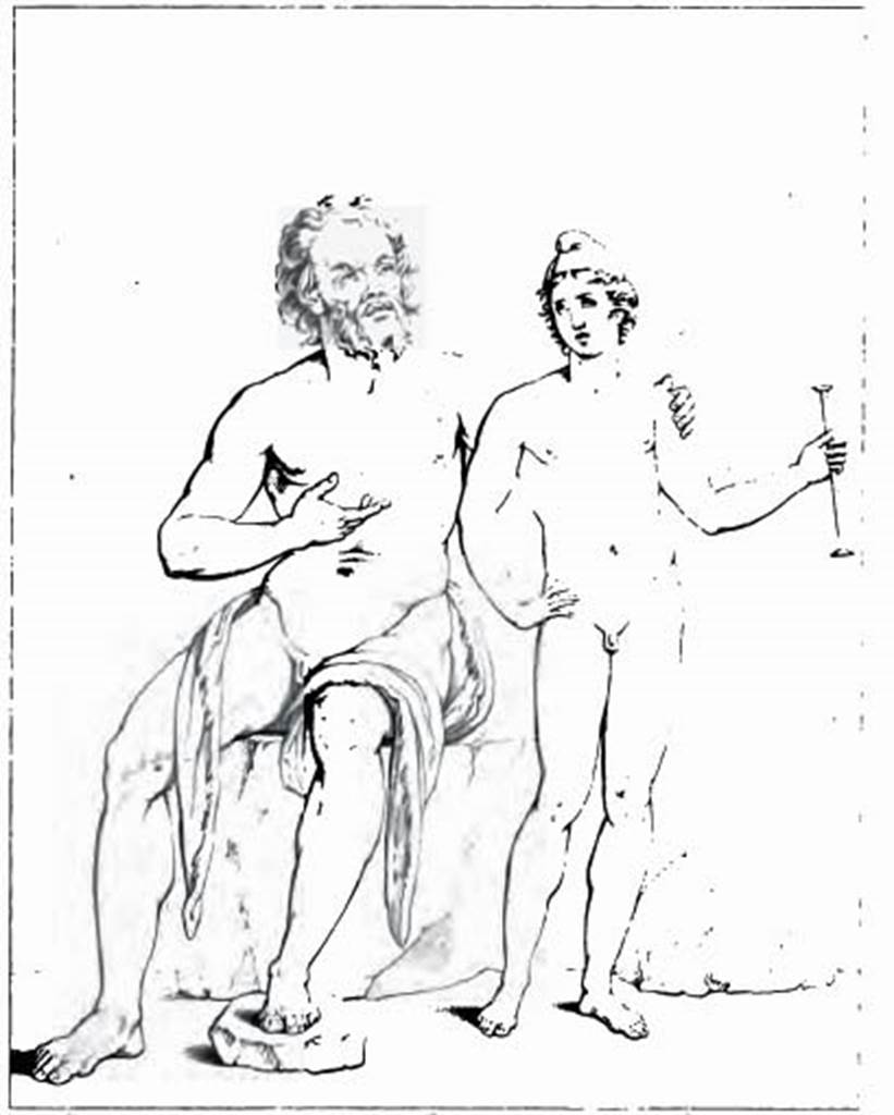 VI.9.2 Pompeii. Room 26, drawing of wall painting of Marsyas and Olympus from centre of east wall. See Overbeck J., 1884. Pompeji in seinen Gebäuden, Alterthümen und Kunstwerken. Leipzig: Engelmann. (312). See Helbig, W., 1868. Wandgemälde der vom Vesuv verschütteten Städte Campaniens. Leipzig: Breitkopf und Härtel. (227).
See Real Museo Borbonico X, 1834, Tav IV.