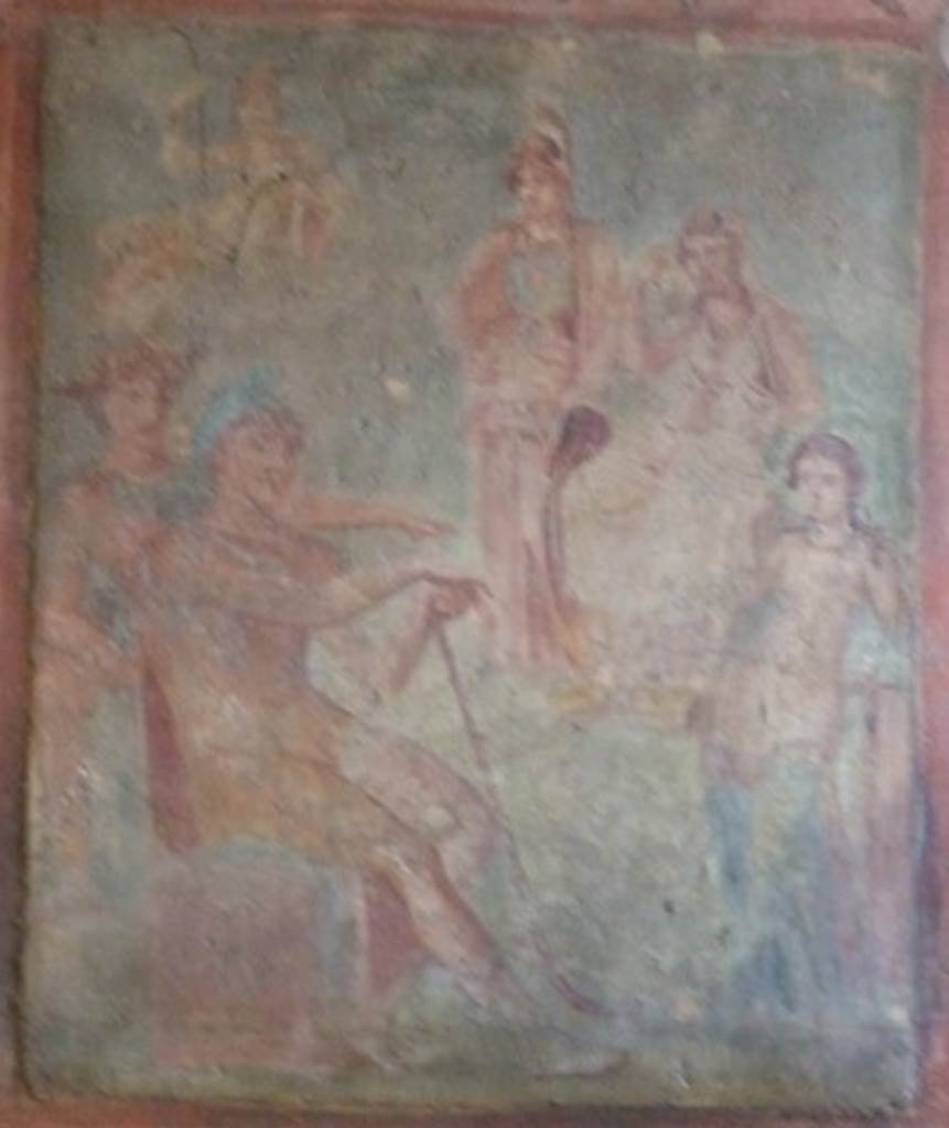 VI.9.2 Pompeii. December 2007. Room 27. North wall. Fresco of the Judgement of Paris? Helbig identifies in the 4th room behind peristyle: Judgement of Paris, 1285, Paris preparing himself, 1313. See Helbig, W., 1868. Wandgemälde der vom Vesuv verschütteten Städte Campaniens. Leipzig: Breitkopf und Härtel. (1285).