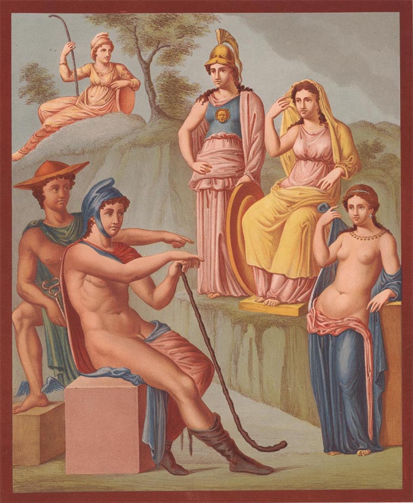 VI.9.2 Pompeii. Pre-1846.
Reproduction painting of Judgement of Paris, by Raoul-Rochette, from the centre of the north wall of the triclinium.
See Raoul-Rochette, M. Choix de Peintures de Pompei 1846, (pl. 11, and p.154-167).
