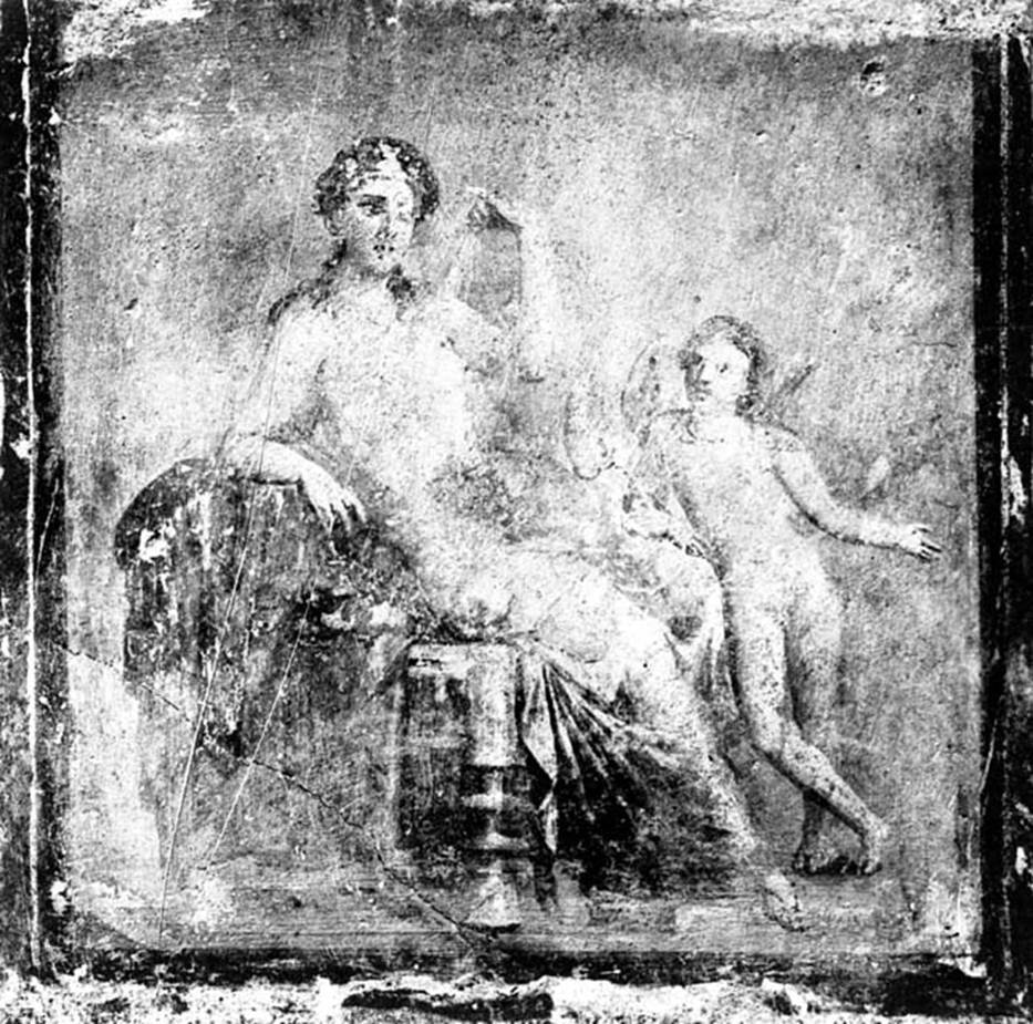 VI.9.2 Pompeii. W.135. Wall painting of a sitting woman with cupid.
According to Bragantini, a painting of a seated woman and cupid was found in the centre of the east wall.
It was then removed.
See Bragantini, de Vos, Badoni, 1983. Pitture e Pavimenti di Pompei, Parte 2. Rome: ICCD. (p.198)
See Helbig, W., 1868. Wandgemälde der vom Vesuv verschütteten Städte Campaniens. Leipzig: Breitkopf und Härtel. (1429)
See Real Museo Borbonico, VIII, taf 5.
See Zahn, W., 1852. Die schönsten Ornamente und merkwürdigsten Gemälde aus Pompeji, Herkulanum und Stabiae: III. Berlin: Reimer, 58.
Photo by Tatiana Warscher. With kind permission of DAI Rome, whose copyright it remains.
See http://arachne.uni-koeln.de/item/marbilderbestand/230963