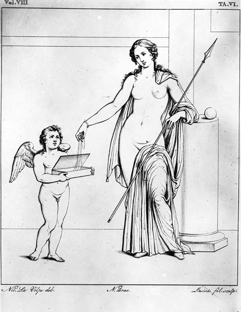 VI.9.2 Pompeii. W.132. Peristyle 16, south wall, painting of Venus and Eros.
According to Overbeck, the first picture from east end of the north wall was of Venus and Eros. Helbig 303.
According to Schefold this picture was on the south wall.
See Overbeck J., 1884. Pompeji in seinen Gebäuden, Alterthümen und Kunstwerken. Leipzig: Engelmann. p. 311.
See Schefold, K., 1957. Die Wände Pompejis. Berlin: De Gruyter. p. 112.
See Helbig, W., 1868. Wandgemälde der vom Vesuv verschütteten Städte Campaniens. Leipzig: Breitkopf und Härtel. (303).
See Real Museo Borbonico, VIII, 1832, Tav. VI.
Photo by Tatiana Warscher. Photo © Deutsches Archäologisches Institut, Abteilung Rom, Arkiv.