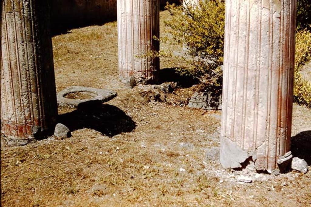 VI.9.2 Pompeii. 1959. Peristyle portico 16, south-west corner, with a cistern opening with a lava cover between the two columns on the west side. Photo by Stanley A. Jashemski.
Source: The Wilhelmina and Stanley A. Jashemski archive in the University of Maryland Library, Special Collections (See collection page) and made available under the Creative Commons Attribution-Non Commercial License v.4. See Licence and use details.
J59f0426